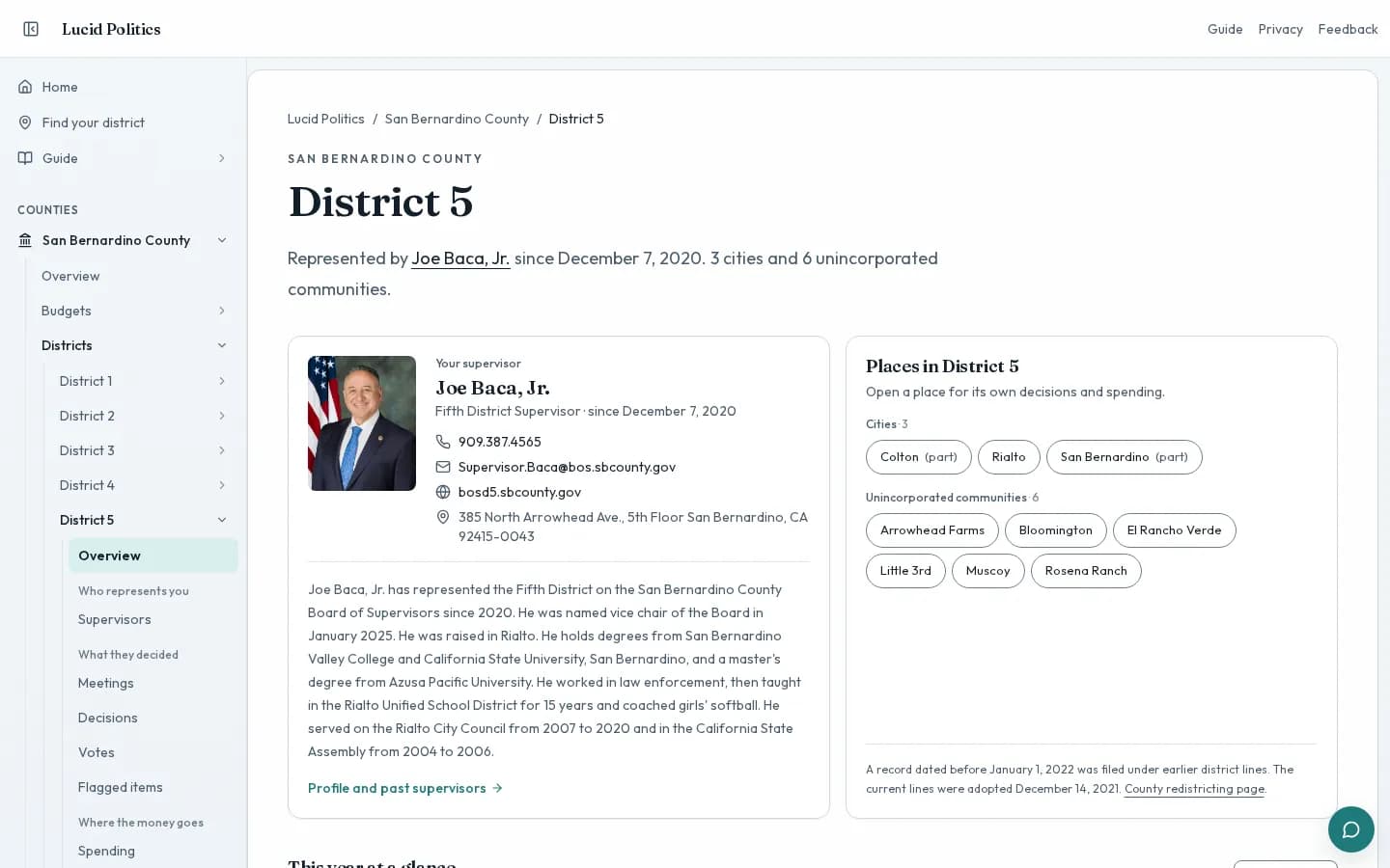 District 5 page with the supervisor, cities, and unincorporated communities