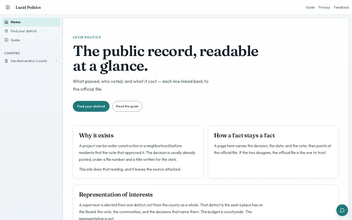 Lucid Politics home page: the public record, readable at a glance